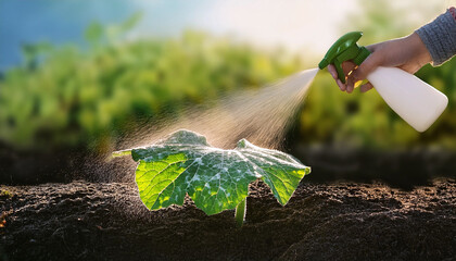 Traitement en spray sur les feuilles d'un plant de courgettes affect&eacute;e par l'o&iuml;dium