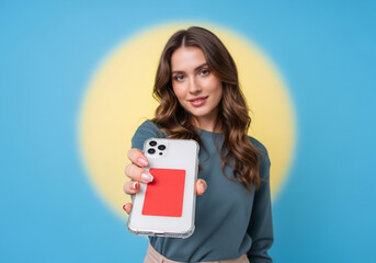 Cheerful woman presents mobile phone with red card for contactless payment against bright background, showcasing effortless financial transactions and modern tech