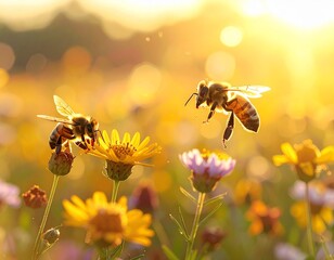 Honeybees pollinating wildflowers in meadow