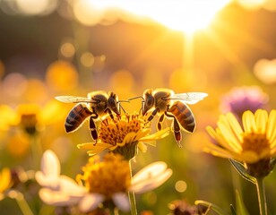 Honeybees pollinating wildflowers in meadow