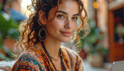 Portrait de 3/4 'une femme souriant en ext&eacute;rieur, arri&egrave;re-plan flou, &eacute;voque le voyage et l'accomplissement personnel