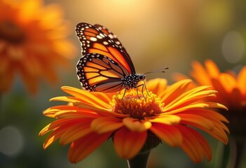 Obraz premium Macro Photograph of Butterfly on Vibrant Flower Petals Capturing Nature's Delicate Beauty with Sharp Details