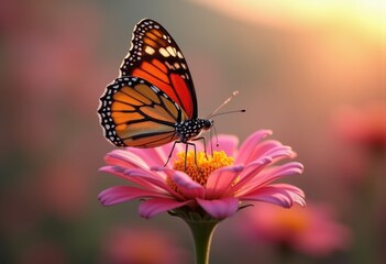 Fototapeta premium Macro Shot of Colorful Butterfly Perched on Vibrant Flower Petals Detailed Close-Up Natural Beauty