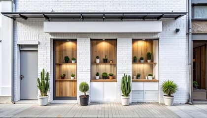 Modern Storefront with Plants, White Brick, Wooden Shelves, and Cacti.