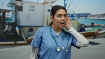 Young hispanic woman nurse outdoors at port with stethoscope listening carefully by a boat...