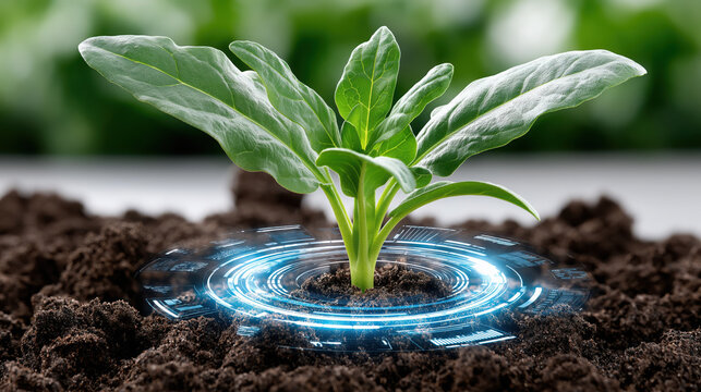 Young plant grows in rich soil, surrounded by digital interface symbolizing technology and innovation in agriculture - Powered by Adobe