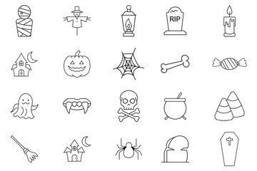 Halloween icon set. Spooky Halloween Icon Set With Pumpkins, Ghosts, Bats, and Haunted Objects for Festive Designs. Linear icon collection. Editable stroke. Vector illustration. 