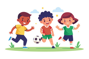 Three happy kids playing soccer on the field isolated on white background three children are playing with a soccer ball happily