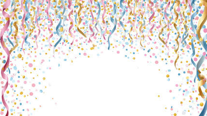 Festive confetti and colorful streamers celebration background for New Year 2026 holiday party presentation with copy space.