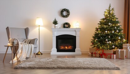 Cozy Christmas living room interior with a decorated tree, glowing fireplace, and presents. Festive holiday home background scene