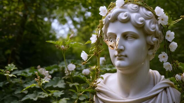 Marble statue head greek god apollo white flowers wreath lush green garden nature classic art ancient sculpture beauty mythology history romantic background perfect youthful face
