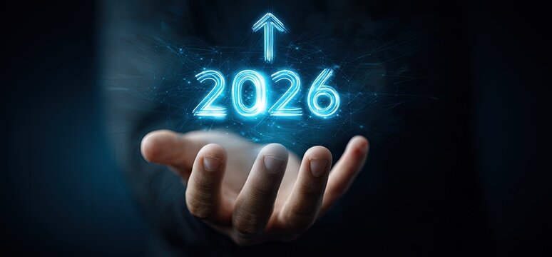 Hand holding a glowing, light-blue 2026, with an upward arrow