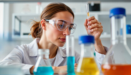 Female scientist conducting chemical experiment in laboratory with test tubes  