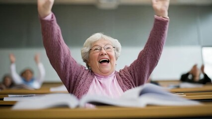Elderly woman in classroom with lifelong learning attitude joyfully raising hands celebrating education and knowledge achievement