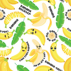 Seamless Banana Pattern with Cute Faces and Tropical Leaves