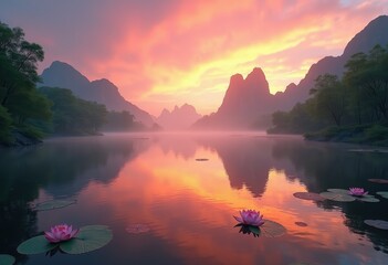 Serene Lake Reflecting Vibrant Sunset Colors Tranquil Nature Scene with Smooth Water Surface and Surrounding Trees