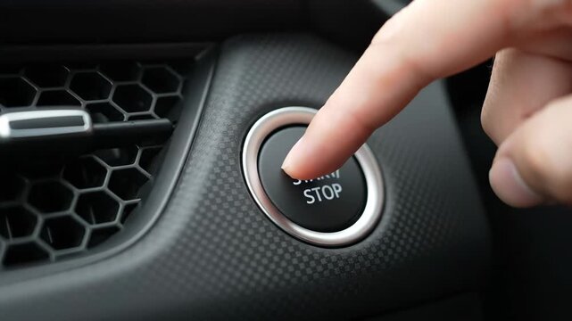 Finger presses car engine start stop button for modern drive this automotive technology concept symbolizes power new beginning this keyless ignition is simple convenient power button
