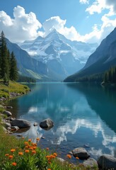 Serene Lake Reflection Snow-Capped Mountains Tranquil Nature View Wilderness Scenic Landscape