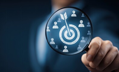 Businessperson holding magnifying glass focusing on target market