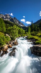 Mountain stream cascading through lush valley