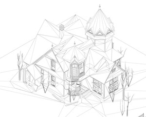 Fototapeta premium Abandoned house with clock tower in wireframe drawing style, surrounded by trees on a white background.