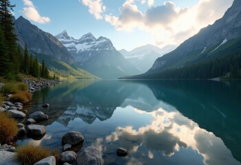Serene Lake Snow-Capped Mountains Reflection Tranquil Nature Landscape Peaceful Water Mountain Range Wilderness Scenery