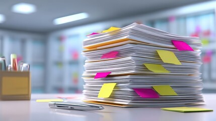 A large stack of documents with colorful sticky notes sits on an office desk, suggesting organization, paperwork, and office work
