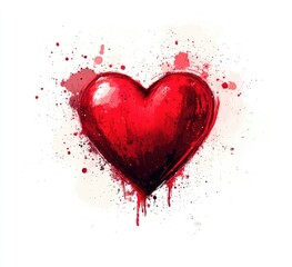 Red heart, splattered with blood-like drips, on white background