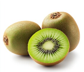 Three kiwifruit, one halved,  against white