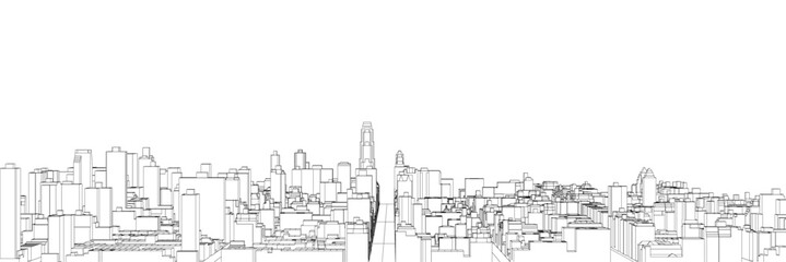 Black and white city skyline contour drawing features outlined buildings against a clean white background. This minimalist illustration emphasizes urban architecture with simple, elegant lines.