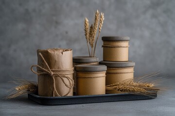Craft paper containers and wrapped object on tray