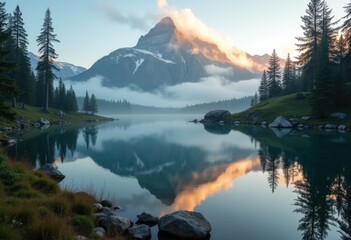 Serene Mountain Peak Reflection in Mirror-Like Tranquil Lake at Dawn