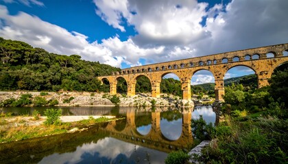 Fototapeta premium Scenic view of an ancient aqueduct bridge over a calm river reflecting the sky