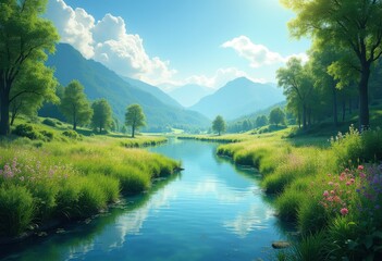 Serene River Meandering Through Vibrant Greenery and Lush Flora Under a Bright Sky