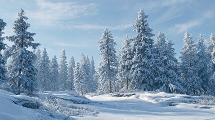 Snowy pine forest under a bright sky