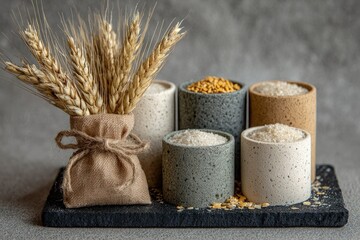 Small ceramic bowls filled with various grains, and wheat stalks in a burlap bag, on a dark slate tray