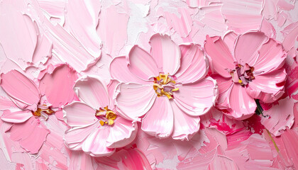 Rough palette knife oil painting of pastel pink flowers, thick textured strokes, hand painted style