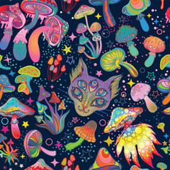 Magic mushrooms and galaxy cat seamless pattern. Psychedelic 60s hippie colorful art. Vintage psychedelic textile, fabric, wrapping, wallpaper. Vector repeating illustration.