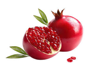 Ruby Jewels of the Fruit: A vibrant and enticing composition of a ripe pomegranate, its juicy, seed-filled interior gleaming alongside its whole counterpart and fresh green leaves.