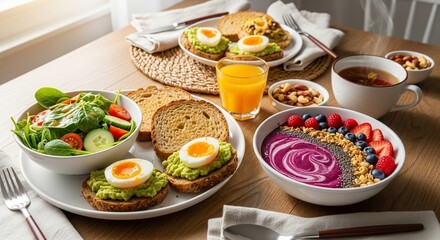 A vibrant and healthy breakfast spread featuring avocado toast with eggs, a colorful berry smoothie bowl, fresh salad, orange juice, and tea on a wooden table.