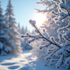 Snow-Covered Branches Glistening Under Gentle Sunlight Winter Wonderland Frosty Forest