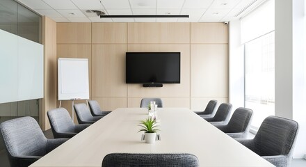 Stylish modern meeting room with sleek furniture, perfect for collaborative presentations and dynamic teamwork in a professional office setting