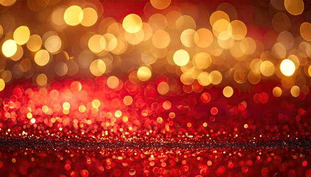 Abstract red and gold bokeh background with glittering texture.  The top features out-of-focus golden circles, transitioning to densely packed red glitter at the bottom - Powered by Adobe
