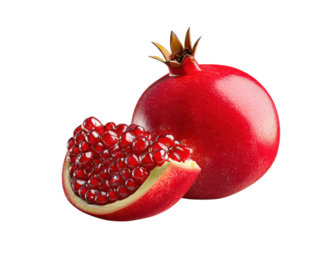 Vibrant Pomegranate: A ripe pomegranate, split open to reveal its juicy seeds, sits beside an uncut fruit, showcasing the richness of its color and texture, symbolizing health and freshness.
