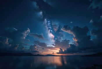 Starry Night Sky Over Horizon with Glittering Celestial Bodies and Sunset Glow