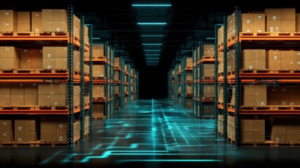 Futuristic warehouse with shelves of boxes and digital technology overlay, highlighting automation and advanced logistics