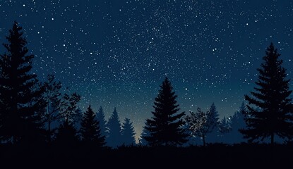 Dark silhouettes of trees against a star-studded night sky