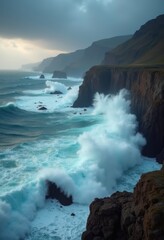 Stormy Waves Colliding with Rugged Coastline Eroding Cliffs Splashes Seafoam Dark Skies Wild Nature