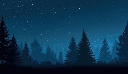 Silhouetted pine trees in a dark night forest, starry sky