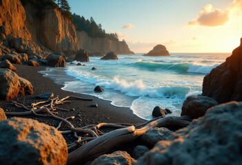 Stunning Rocky Coastline with Tumultuous Waves and Artistic Driftwood Formations by the Ocean Shoreline